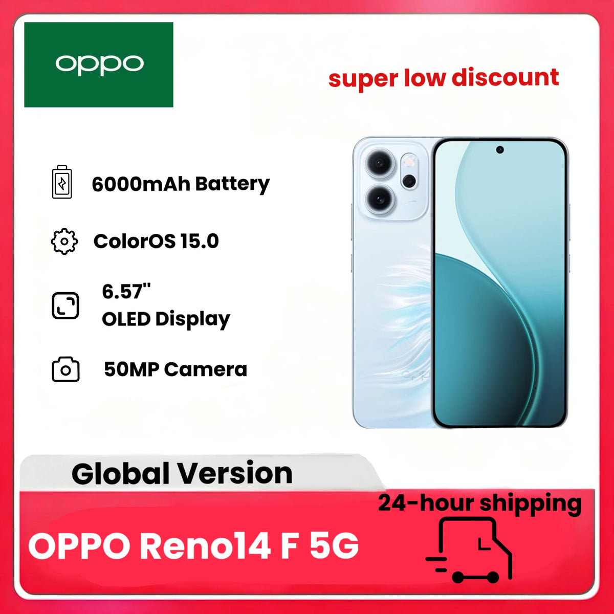 OPPO Reno14 F 5G 8 + 256GB, teléfono inteligente Android sin IA, pantalla AMOLED de 6,57", cámara con IA de 50 + 32MP, batería mAh, resistencia al agua IP69, (cargador no incluido)