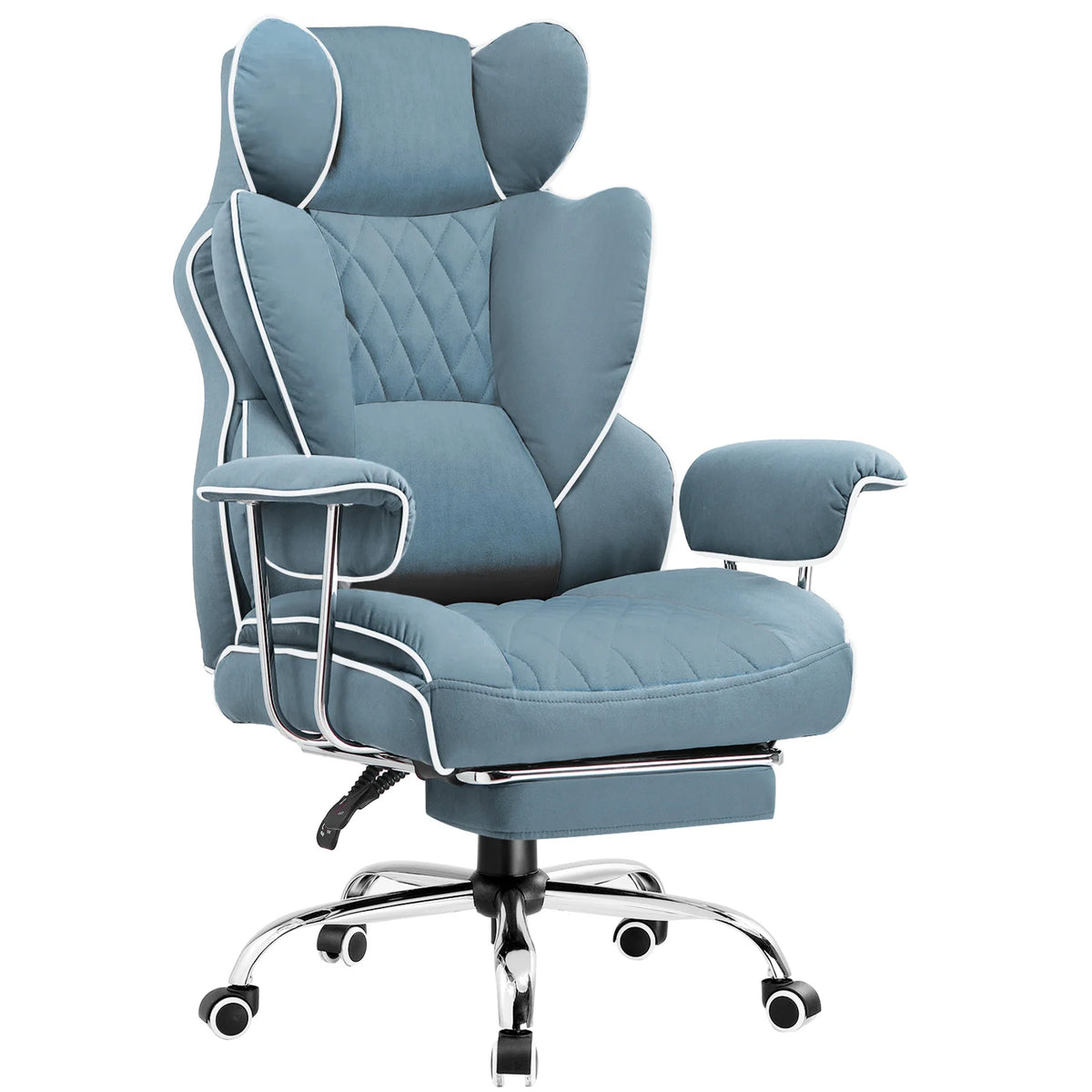 Silla gamer ergonómica azul con reposacabezas, reposapiés integrado y asiento acolchado.