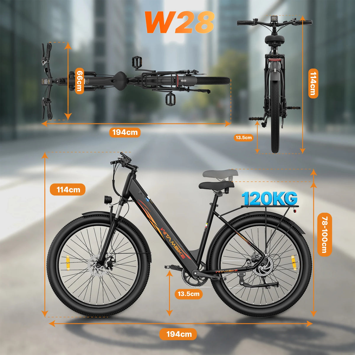 Bicicleta eléctrica de montaña WITAMBIKE W28 de 29", neumáticos anchos, batería de 36V 20Ah, motor de 250W, 7 velocidades, autonomía de hasta 120 km, bicicleta eléctrica urbana, con certificación CE