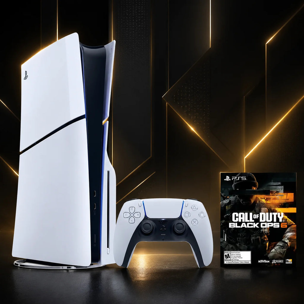 Consola PS5 Slim de disco con mando DualSense blanco; caja del juego al lado