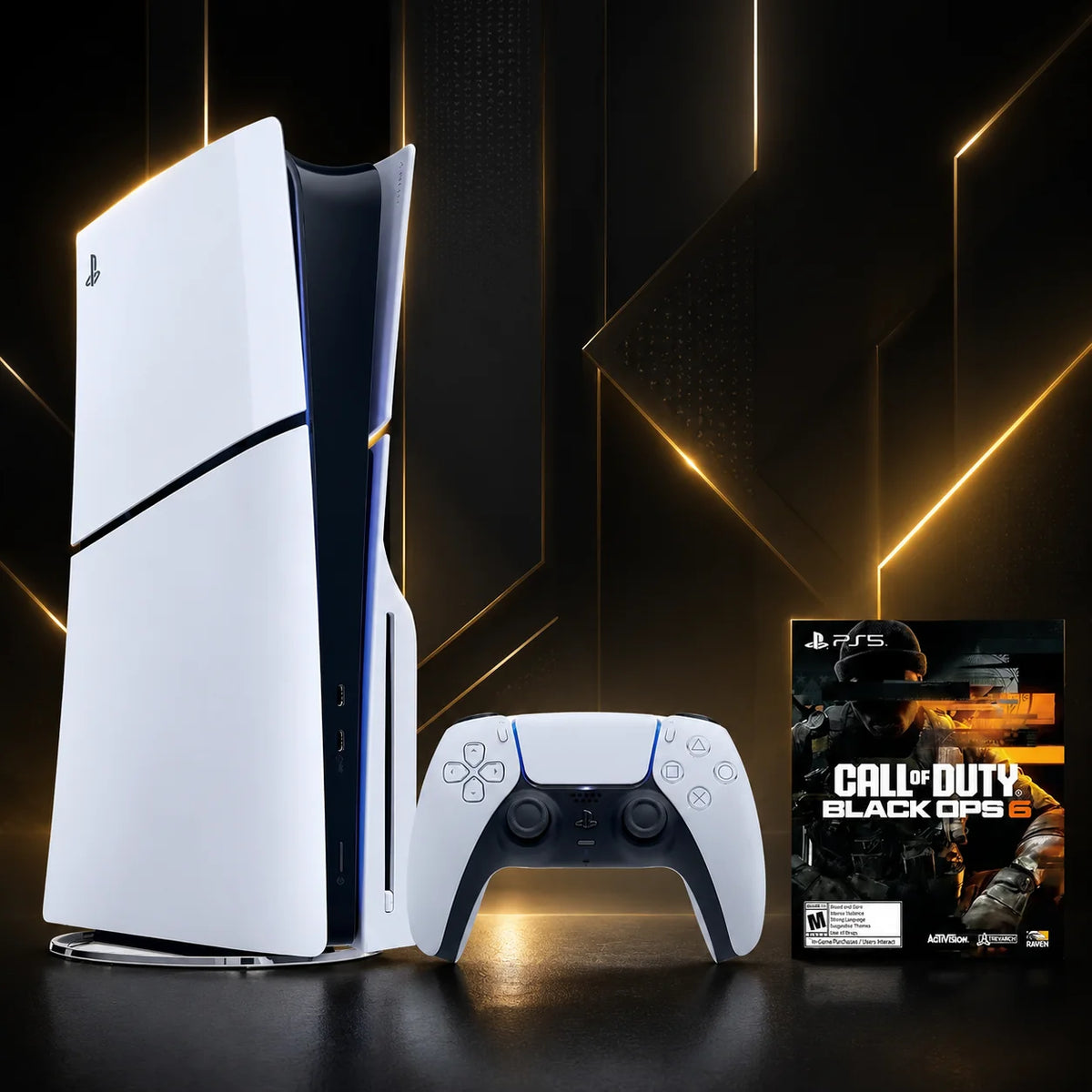 Consola PS5 Slim de disco con mando DualSense blanco; caja del juego al lado