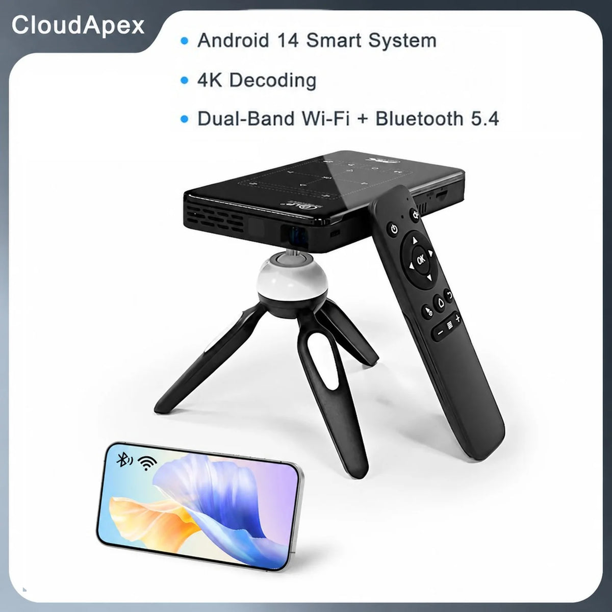 Mini Proyector 4K Android 14 de 120 Pulgadas para Exteriores con Batería Integrada, WiFi, BT5.4, DLP, HDMI, USB, Duplicación de Pantalla, Cine en Casa