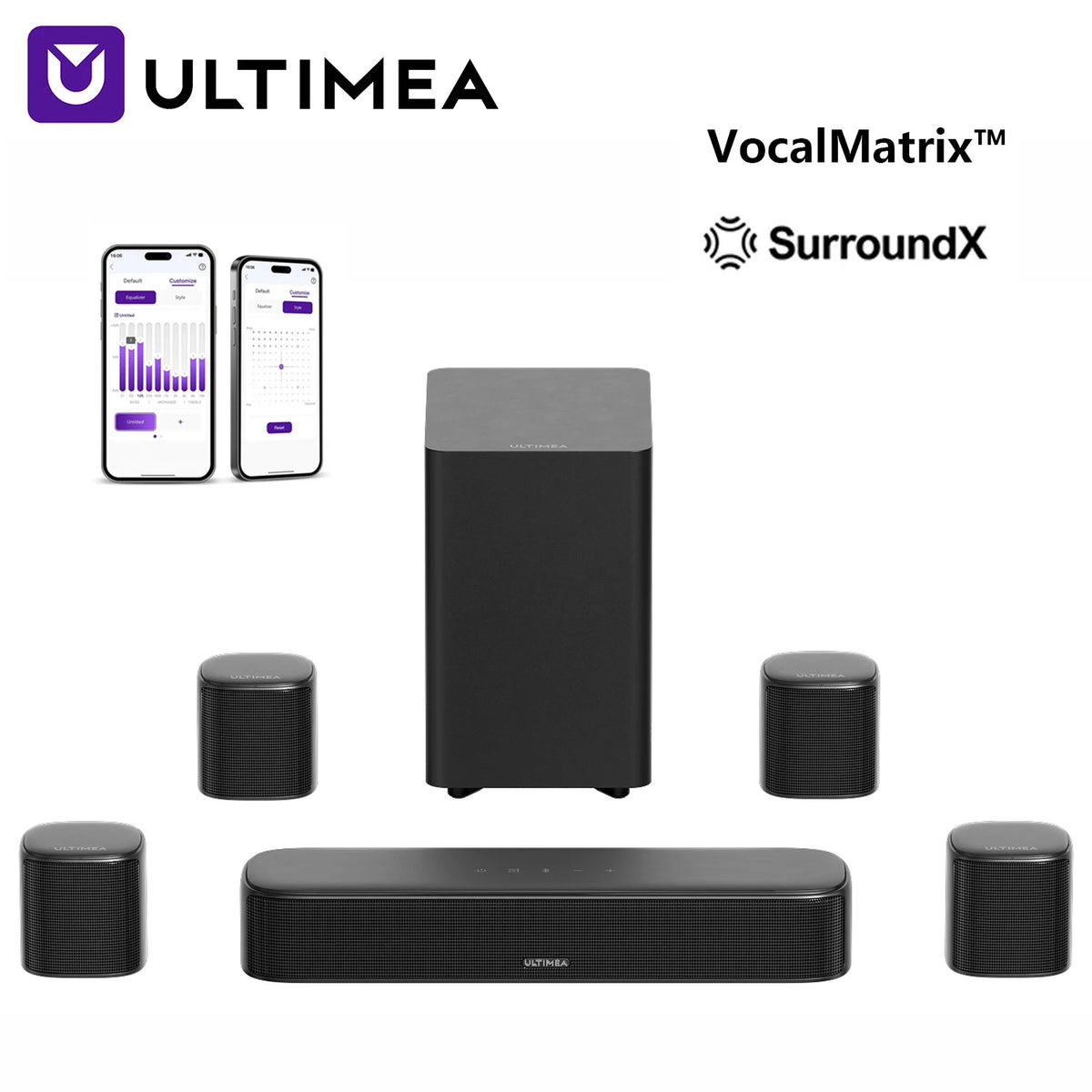 ULTIMEA 350W Sistema de Barra de Sonido 7.1ch para TV con Subwoofer y 4 Altavoces Envolventes, Sonido Envolvente de Cine en Casa, Control por App, HDMI ARC