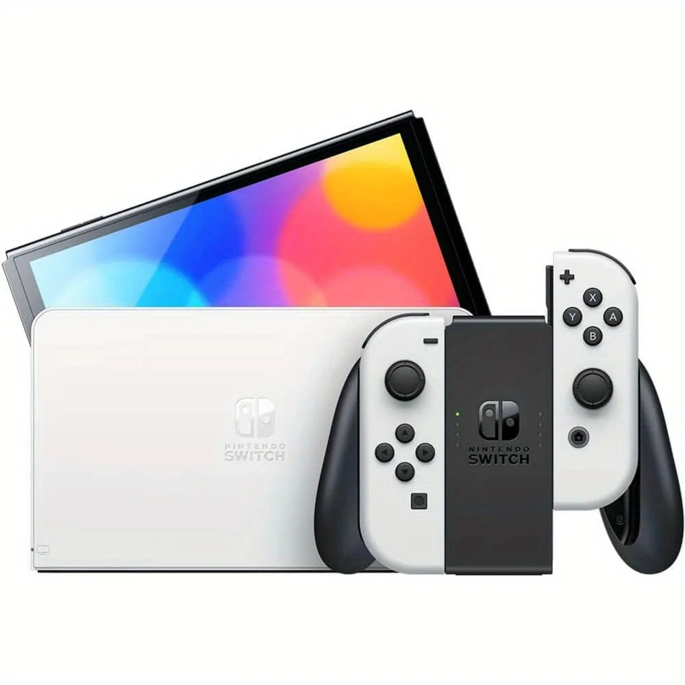 Consola Nintendo Switch OLED blanca con pantalla y Joy-Con blancos desmontables