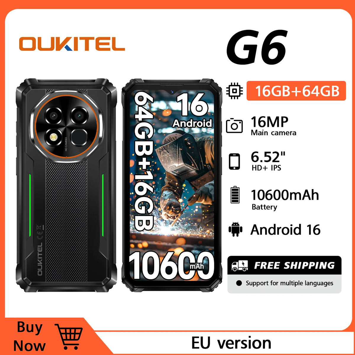 Smartphone robusto OUKITEL G6 desbloqueado - 16GB+64GB/1TB TF, pantalla HD de 6.52”, IP68/IP69K, Android 16, batería de 10600mAh, 16MP, NFC, doble SIM, 90Hz