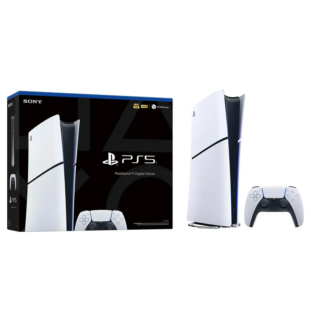 Consola Sony PlayStation 5 Slim Digital blanca y mando, junto a su caja.