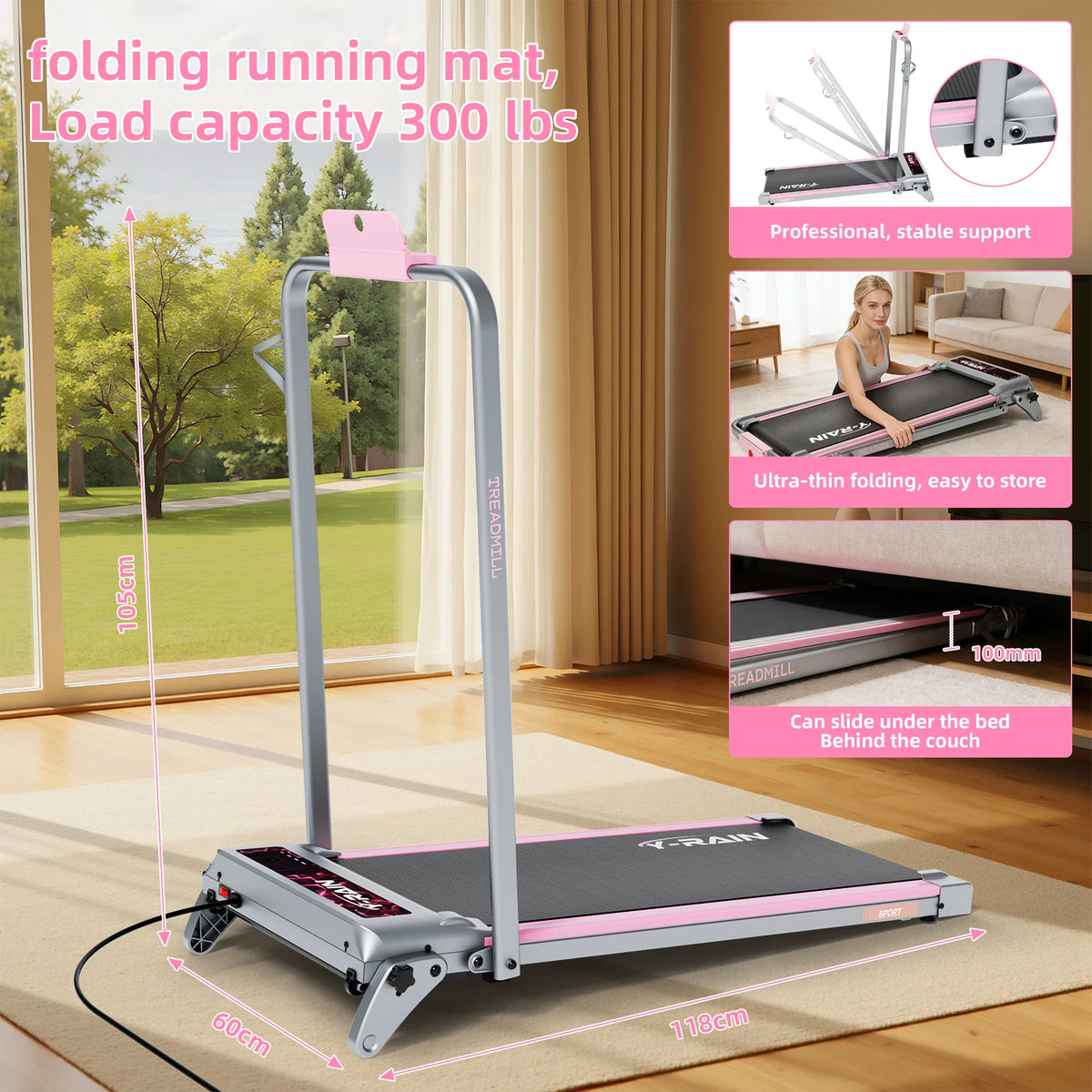 Caminadora plegable Y-RAIN para uso doméstico y en la oficina, con inclinación del 12 %, velocidad de 1 a 12 km/h, control remoto, pantalla LED y capacidad máxima de 150 kg.