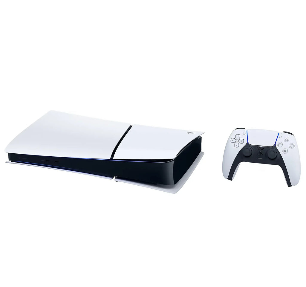 Consola Sony PlayStation 5 Slim Digital con base negra y mando inalámbrico.