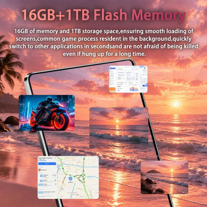 Tableta con pantalla táctil de 10,36 pulgadas, sistema Android 13, chip de 14 núcleos, 16 GB de RAM + 1 TB de almacenamiento, batería de 20 000 mAh, conexión SIM/Wi-Fi, doble cámara para juegos ligeros.