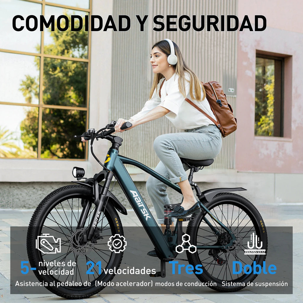 Bicicleta eléctrica de 26" para adultos, batería de 36V 13Ah 468Wh, motor sin escobillas de 250W, 25 km/h con hasta 40 millas de autonomía, transmisión de 21 velocidades, doble suspensión, desbloqueo NFC