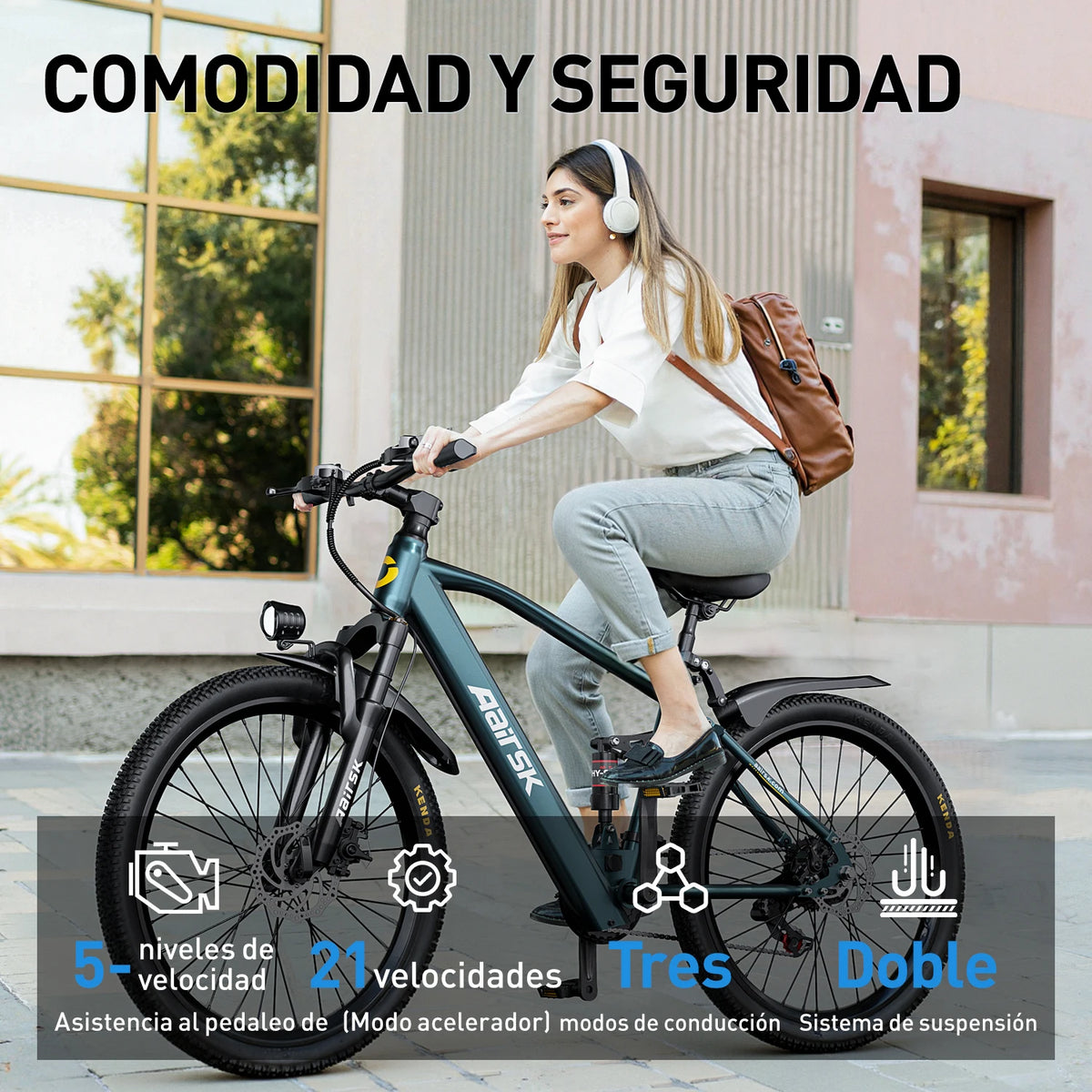 Bicicleta eléctrica de 26" para adultos, batería de 36V 13Ah 468Wh, motor sin escobillas de 250W, 25 km/h con hasta 40 millas de autonomía, transmisión de 21 velocidades, doble suspensión, desbloqueo NFC