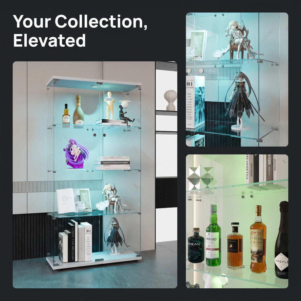 Vitrina de cristal con iluminación LED de 2 puertas, gabinete curio de 4 niveles con estantes de vidrio templado, expositor para coleccionables, figuras, vino o libros para el hogar u oficina