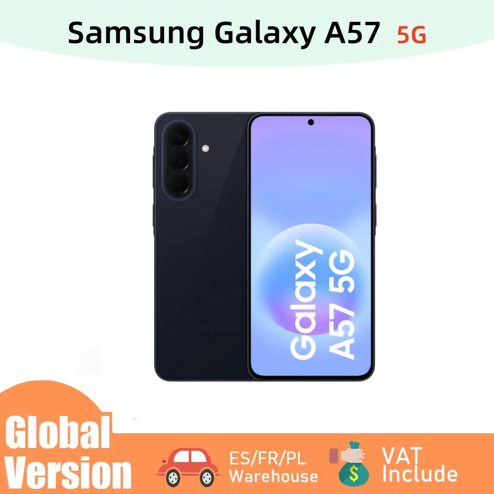 Smartphone Samsung Galaxy A57 5G con IA, pantalla Super AMOLED de 6,7" a 120 Hz, batería de 5000 mAh, carga rápida de 25 W, procesador Exynos 1680, cámara gran angular de 50 MP, IP68, NFC.