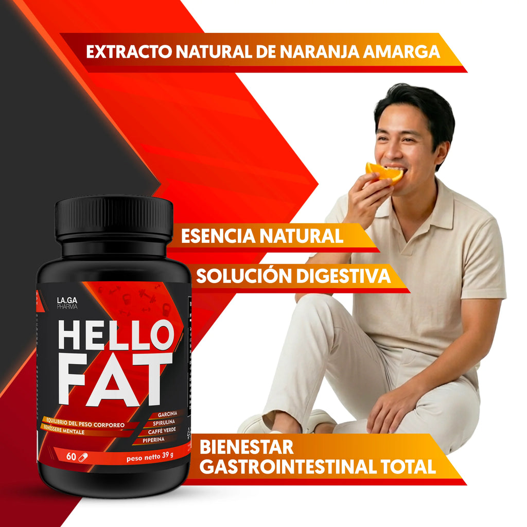 HelloFat© Suplemento con Espirulina, L-Tirosina, Naranjo Amargo, Piperina, Cromo. Natural Complex para Hombre y Mujer, Fórmula Completa, 60 Cápsulas Fabricado en Italia, 2 Meses.