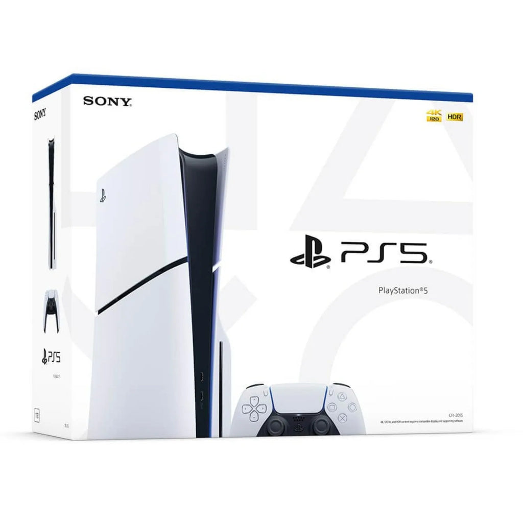 Caja Sony PS5 Slim blanca con consola vertical y control inalámbrico DualSense