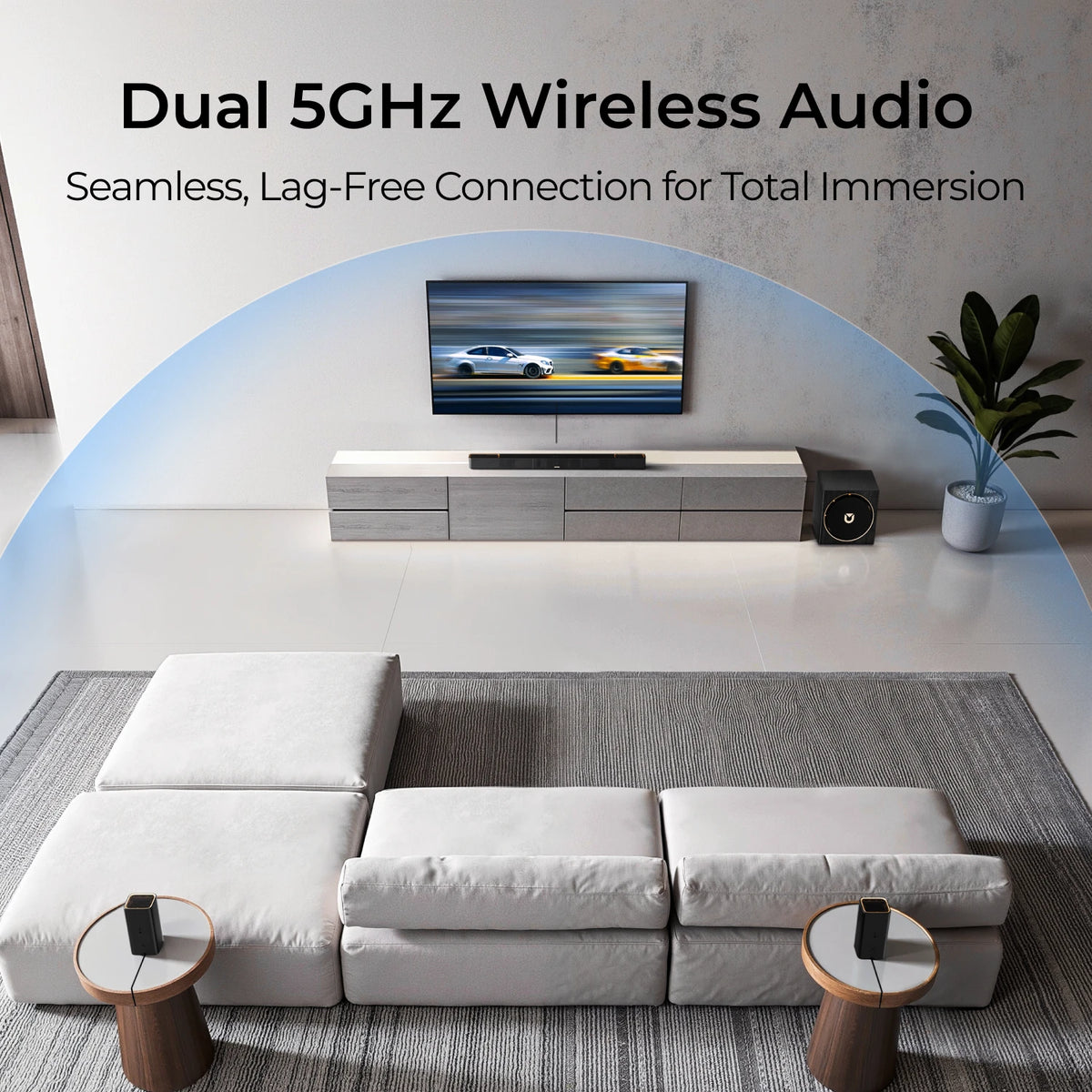 Barra de sonido ULTIMEA Skywave Serie 760W 5.1.4 canales con subwoofer de 8" y 2 altavoces traseros inalámbricos, Dolby Atmos, sistema de sonido envolvente