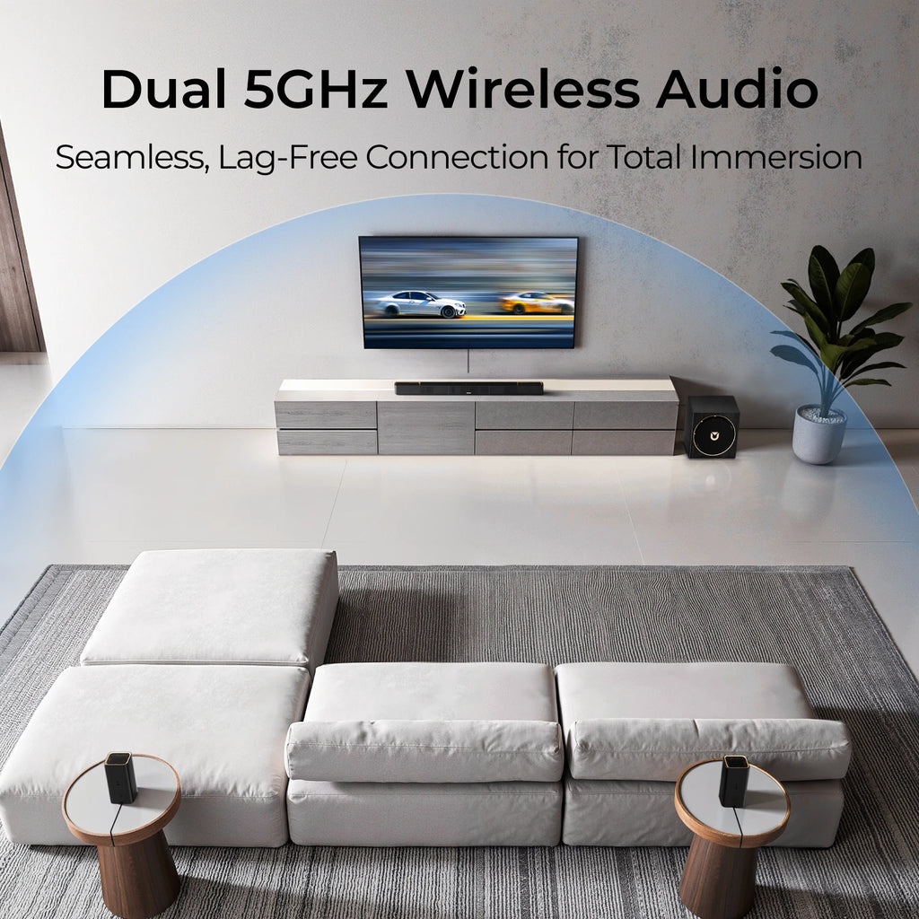 Barra de sonido ULTIMEA Skywave Serie 760W 5.1.4 canales con subwoofer de 8" y 2 altavoces traseros inalámbricos, Dolby Atmos, sistema de sonido envolvente