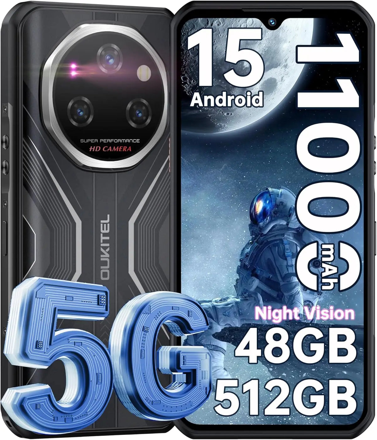 OUKITEL WP55 Pro 5G, Teléfono Inteligente Resistente, Desbloqueado, Android, 15-48GB+512GB/2TB, Pantalla FHD+ de 6.6'', Cámara Trasera de 108MP