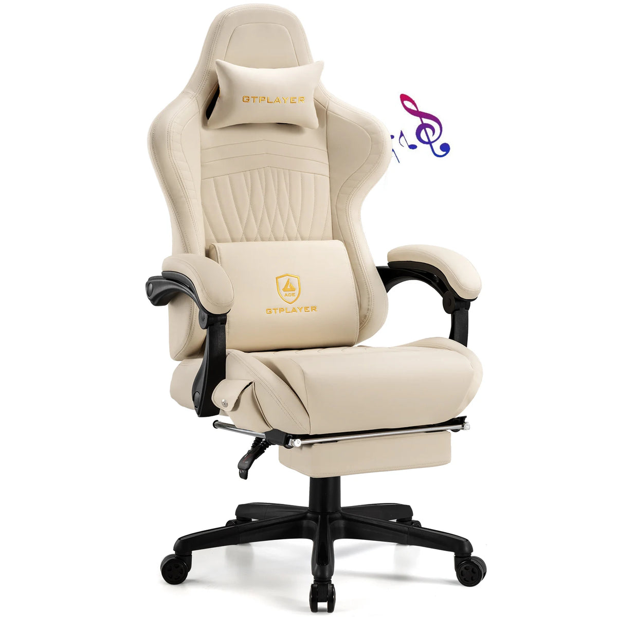 Silla de juego GTPLAYER color marfil con respaldo alto y reposapiés giratorio.