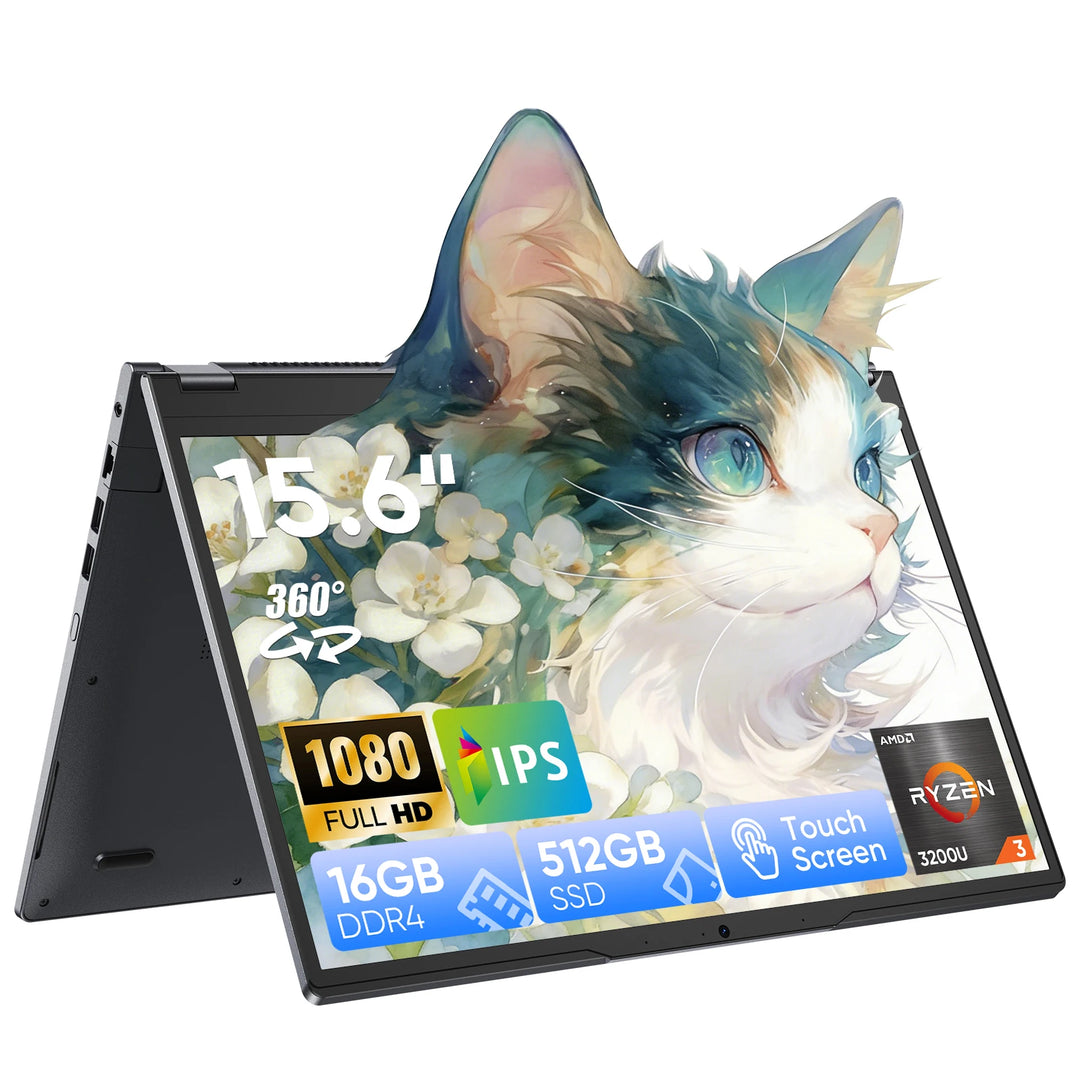 HYPERSTRIX, portátil 2 en 1 con pantalla táctil de 15,6 pulgadas, procesador Ryzen R3-3200U (hasta 3,5 GHz), 16 GB de RAM, SSD de 512 GB, diseño 360. °   Teclado retroiluminado para portátil con pantalla IPS FHD, puerto