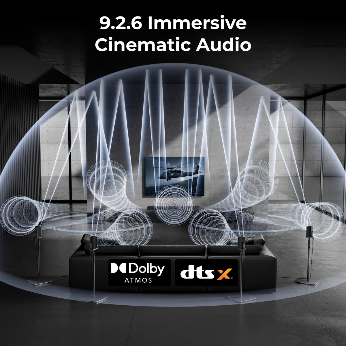 ULTIMEA Skywave X100 Dual Barra de Sonido con Sistema de Sonido Envolvente Inalámbrico 9.2.6 Ajustado por THX, Dolby Atmos y DTS:X, Doble Subwoofer de 10", 2000 W de Potencia Pico, Amplificador GaN y Paso de Señal 8K