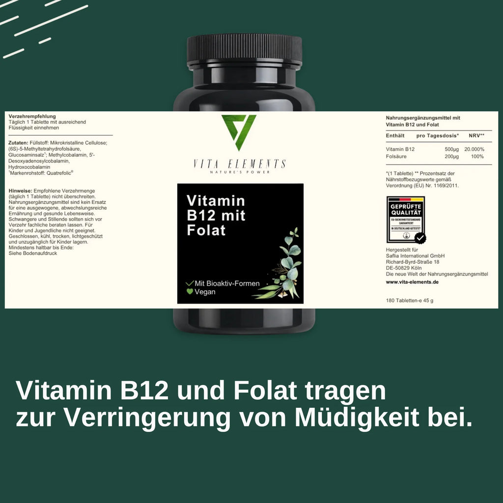 Tabletas de Vitamina B12 con Ácido Fólico |     Probado en laboratorio en Alemania |     Suplementos alimenticios |     Con vitamina B12 y ácido fólico |     Vegano |     Libre de modificaciones genéticas |     180 compr