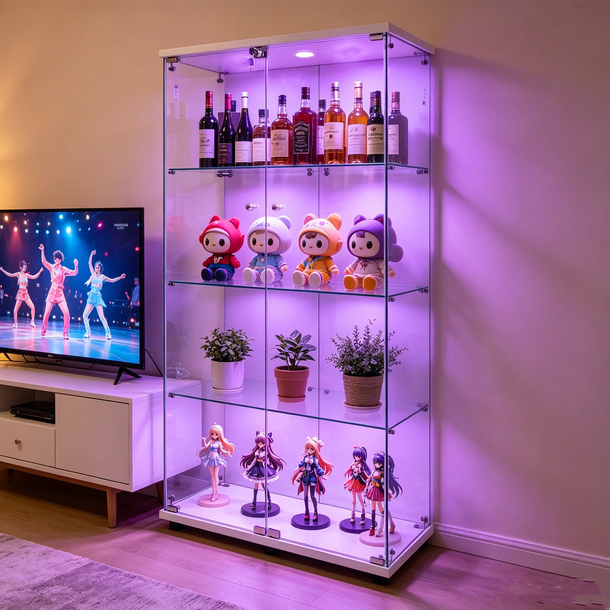 Vitrina de cristal Superaly de 4 niveles con luz LED y cerradura, vitrina de cristal de doble puerta para coleccionables, sala de estar, dormitorio, blanco