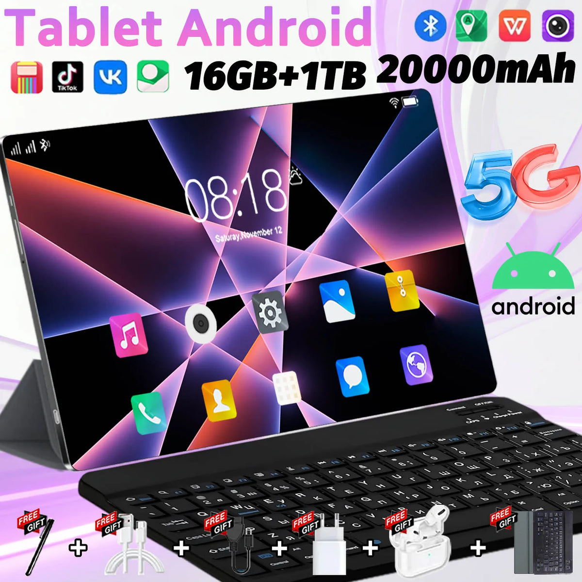 Nueva Tablet 5G de 10.36 Pulgadas, Android 13.0, 16GB de RAM, 1TB de ROM, 20000mAh, 14 Núcleos, WPS Office, Pantalla HD, Tablet PC con Teclado Bluetooth