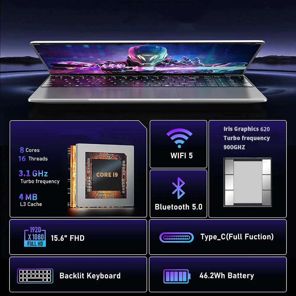 Portátil 2026 con Desbloqueo por Huella Dactilar, Pantalla de 15.6', Intel Core I9-10980HK, Windows 11 Pro, 16GB DDR4, 1TB SSD, para Juegos