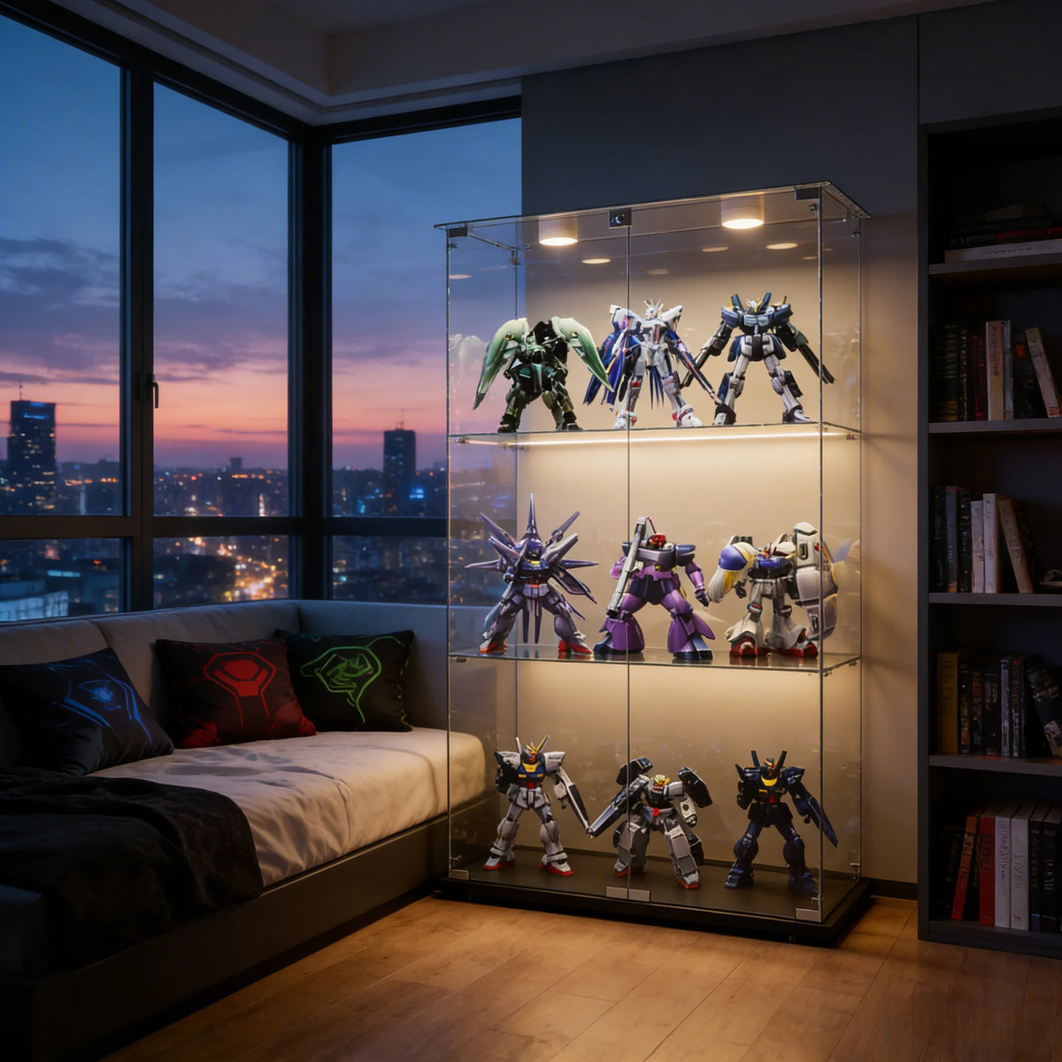 Vitrina de cristal, mueble expositor con iluminación LED, 3 niveles, 2 puertas y cerradura de seguridad, adecuada para salón y dormitorio