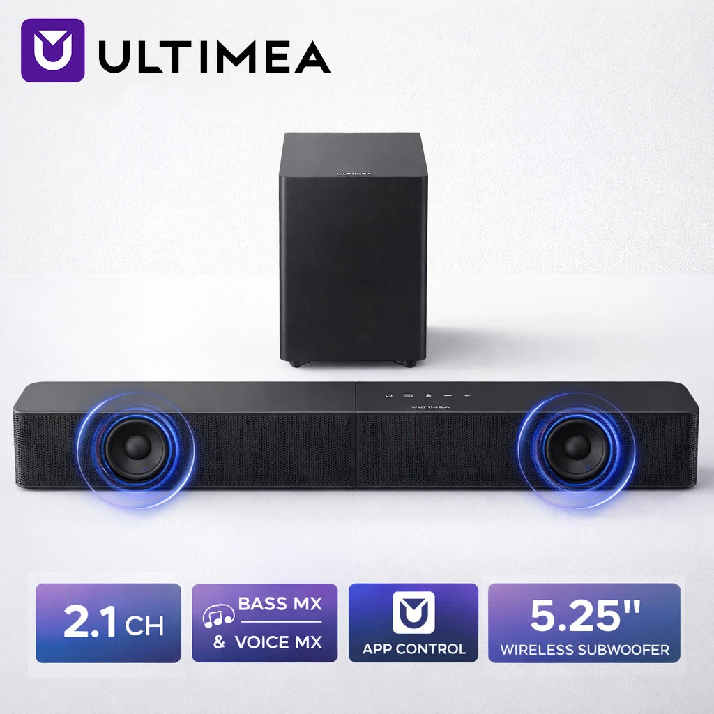 Barra de Sonido ULTIMEA de 240W y 2.1 Canales con Subwoofer Inalámbrico de 5.25 Pulgadas y Control por Aplicación, Sistema de Cine en Casa para Televisores Inteligentes, BassMX y VoiceMX