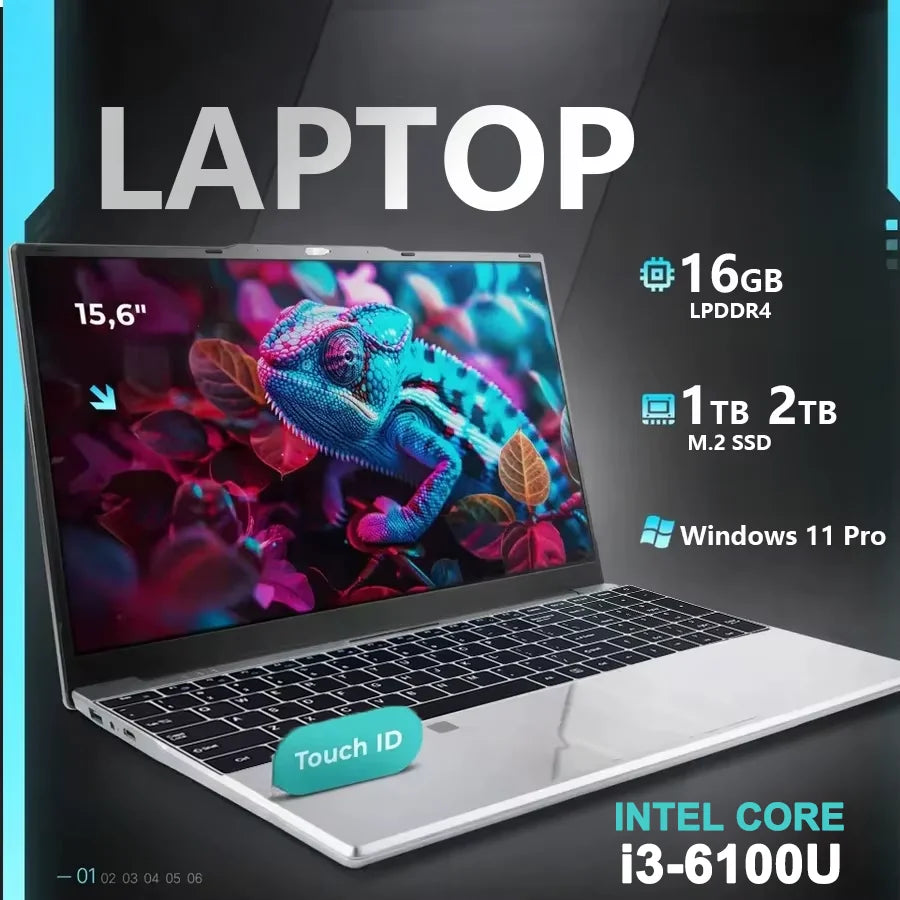 Portátil de 15.6' con Windows 11 Pro, Intel Core I3 6100U, 16GB RAM, 1TB SSD, Desbloqueo por Huella Dactilar, Computadora de Oficina, PC
