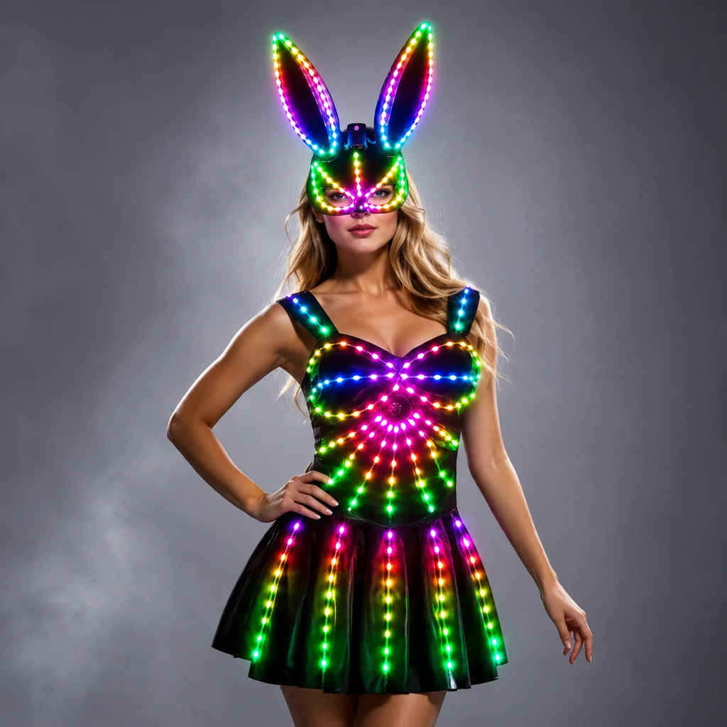 Vestido de discoteca con espejo y luces LED, ideal para fiestas, cumpleaños y eventos nocturnos. Diseño sin mangas, con luces LED brillantes, perfecto para bailarinas, cantantes y artistas de escenario.