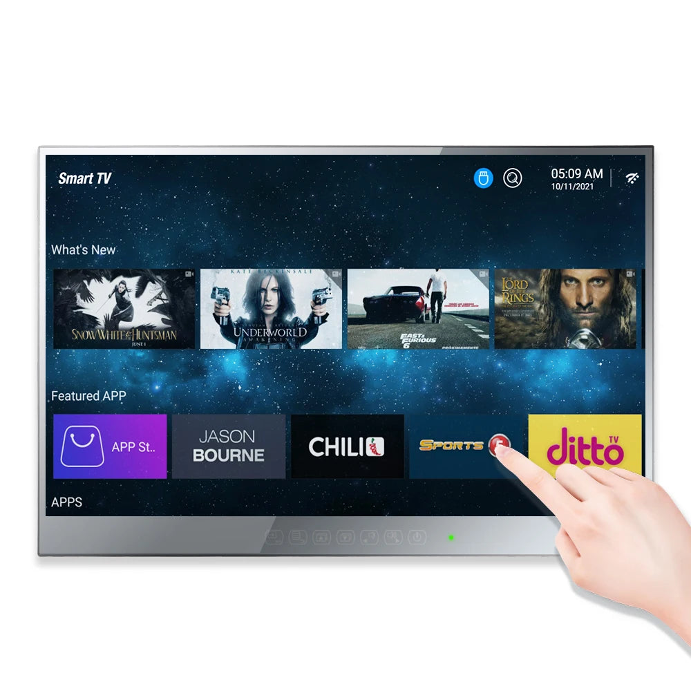 Televisor inteligente Souria de 22 pulgadas con pantalla táctil Android, espejo LED para baño, SPA, FHD, sintonizador DTV DVB para cocina
