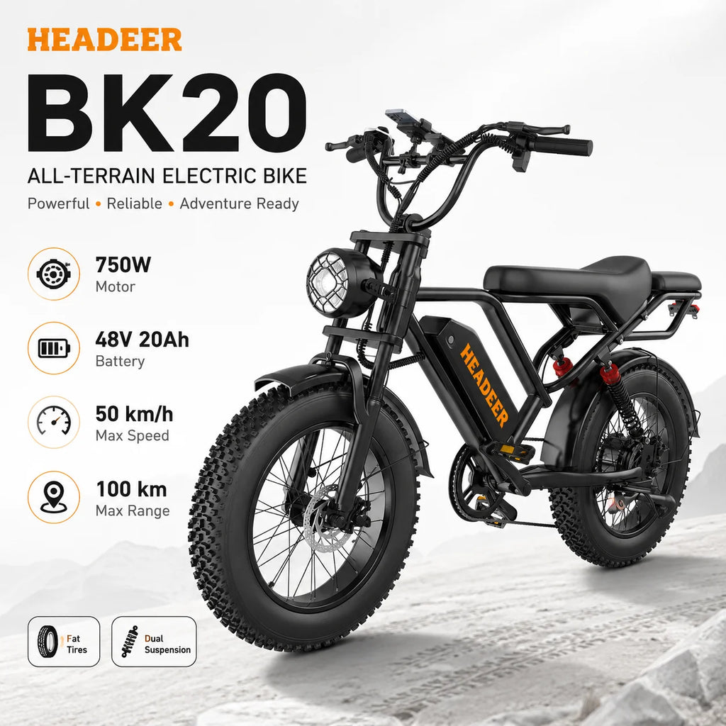 HEADEER BK20 750W Fat Tire Electric Bike for Adults, 48V 20Ah Battery, 20x4.0 All-Terrain E-Bike, 50KM/H, Dual Suspension