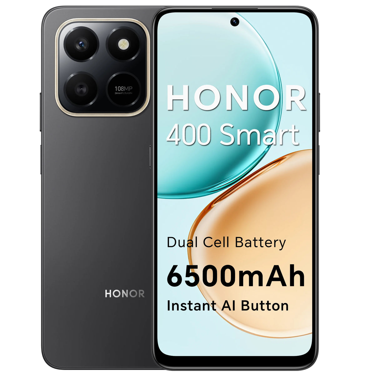 Smartphone HONOR 400 Smart 4G, pantalla de 6.77 pulgadas a 120Hz, 6500mAh, cámara ultra nítida de 108MP, botón AI instantáneo, resistencia a caídas SGS de 5 estrellas, doble SIM (Negro Terciopelo, Dorado Desierto)