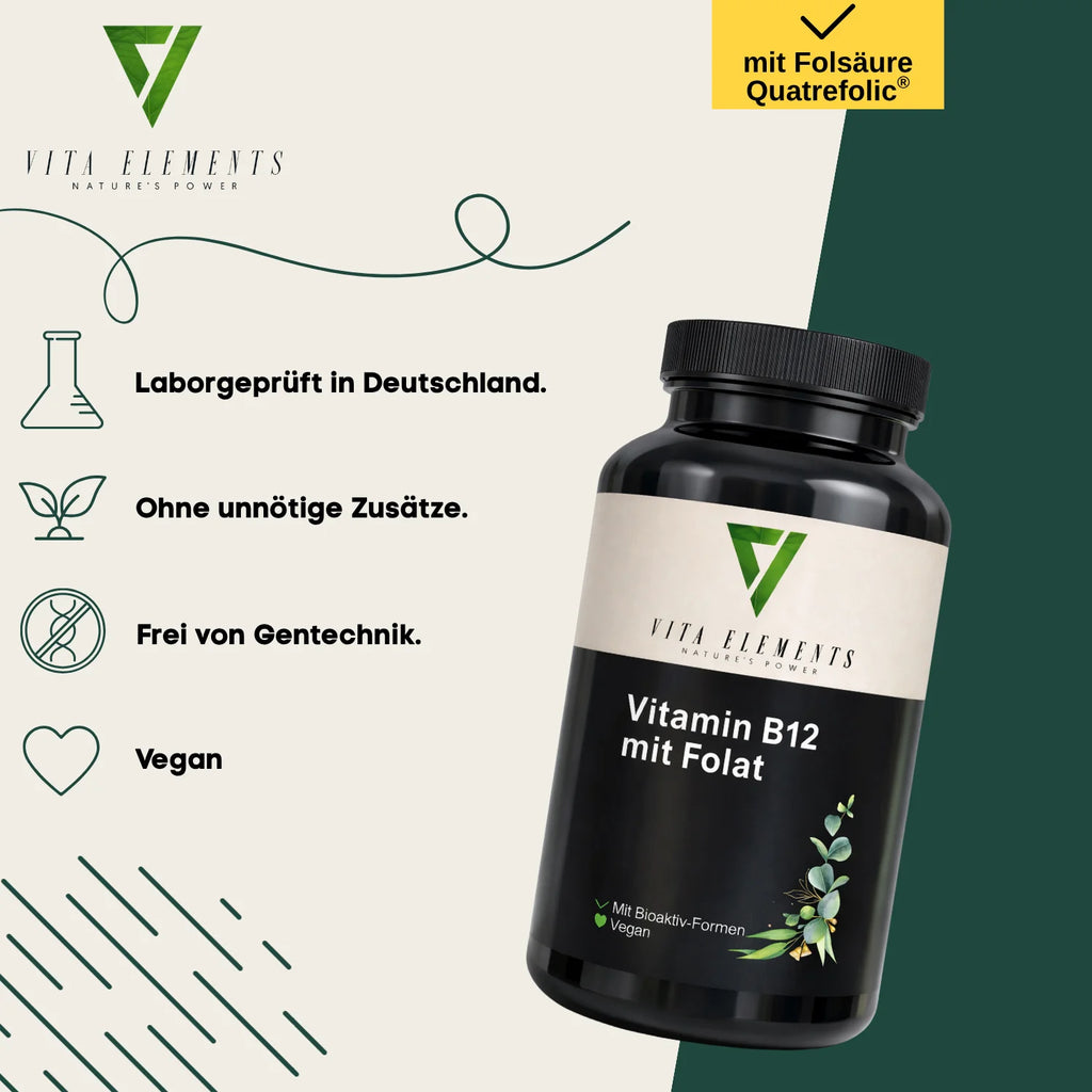 Tabletas de Vitamina B12 con Ácido Fólico |     Probado en laboratorio en Alemania |     Suplementos alimenticios |     Con vitamina B12 y ácido fólico |     Vegano |     Libre de modificaciones genéticas |     180 compr