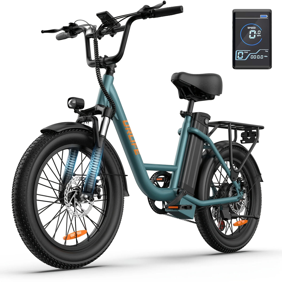 URLIFE E20 Adults Electric Bicycle Peak 250W Motor 48V 13Ah Detachable Lockable Battery 20 Inch 3.0 Fat Tire Shimano 7 Speed Max 25KM/H Dual Disc Shock Absorbing All Terrain E Bike for City Off Road Commute