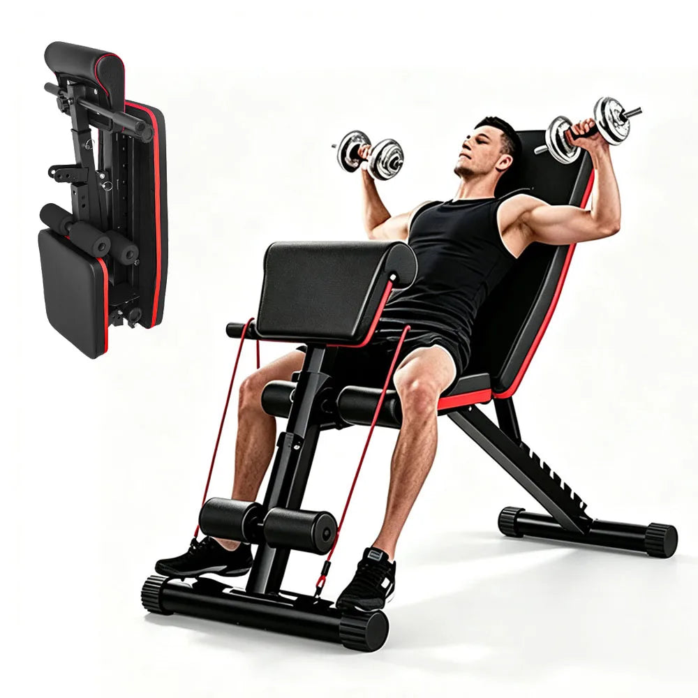 Banco de Pesas Plegable Multifuncional 6 en 1, Banco de Ejercicios con Respaldo Ajustable en 7 Posiciones y Cuerdas de Resistencia para Entrenamiento de Cuerpo Completo en Casa