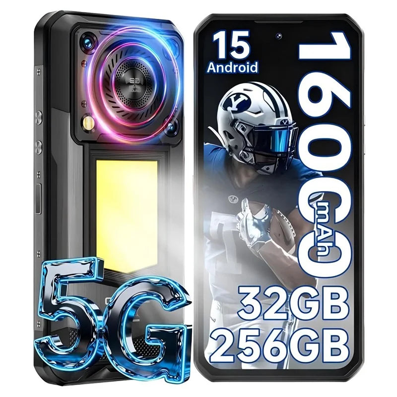 OUKITEL WP56, teléfono inteligente resistente 5G, desbloqueado, 32 GB + 256 GB/512 GB, Android 15, teléfono resistente, 16000 mAh con luz de camping, pantalla FHD+ de 6,8" y 120 Hz, carga rápida de 45 W, cámara de 108 MP,