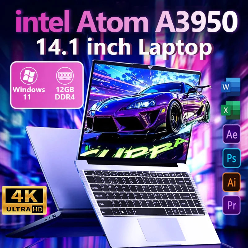 Portátil FUCHU 2026 Intel Atom X7 A3950 12GB RAM 1TB 2TB SSD 14.1 Pulgadas Ultra Delgado Ordenador Windows 11 Pro PC para Juegos, Oficina, Estudio y Negocios