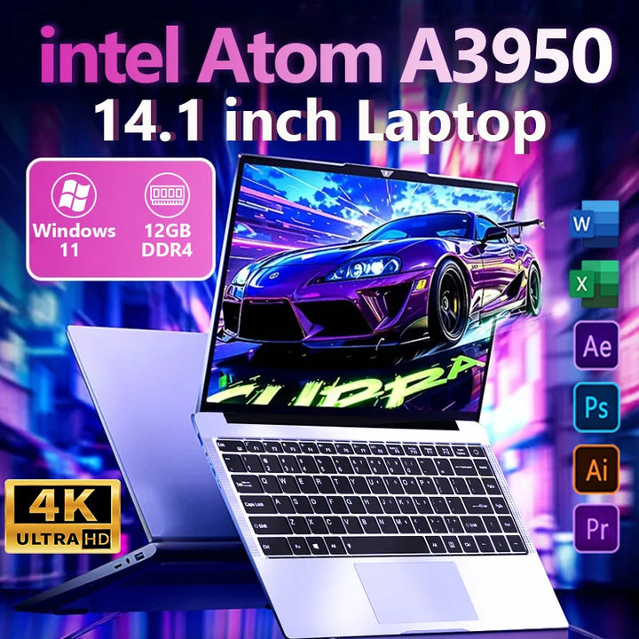 Portátil FUCHU 2026 Intel Atom X7 A3950 12GB RAM 1TB 2TB SSD 14.1 Pulgadas Ultra Delgado Ordenador Windows 11 Pro PC para Juegos, Oficina, Estudio y Negocios