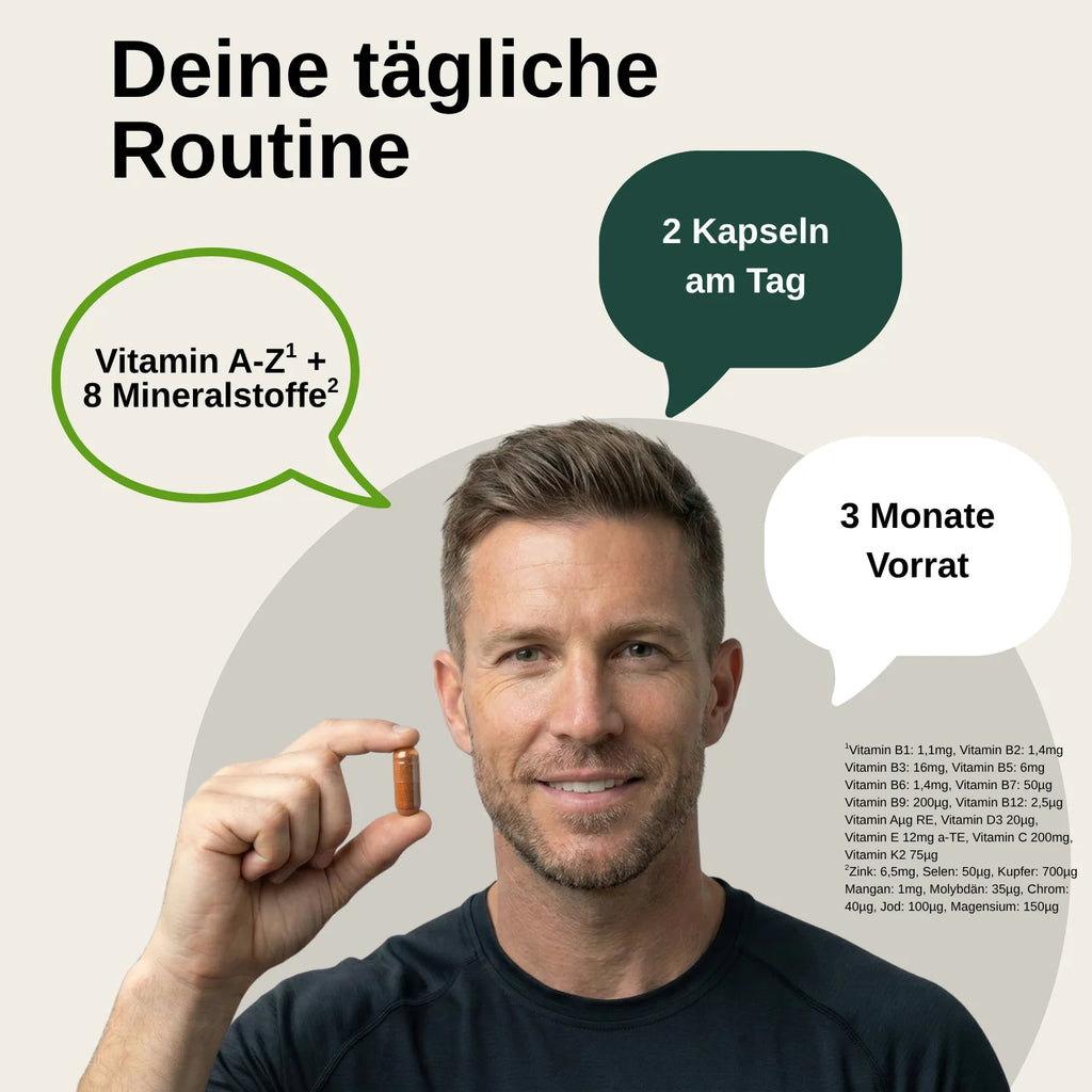 Cápsulas multivitamínicas de primera calidad |     Probado en laboratorio en Alemania |     Suplementos alimenticios |     Con vitaminas, zinc y selenio |     Con 15 nutrientes |     Libre de modificaciones genéticas |