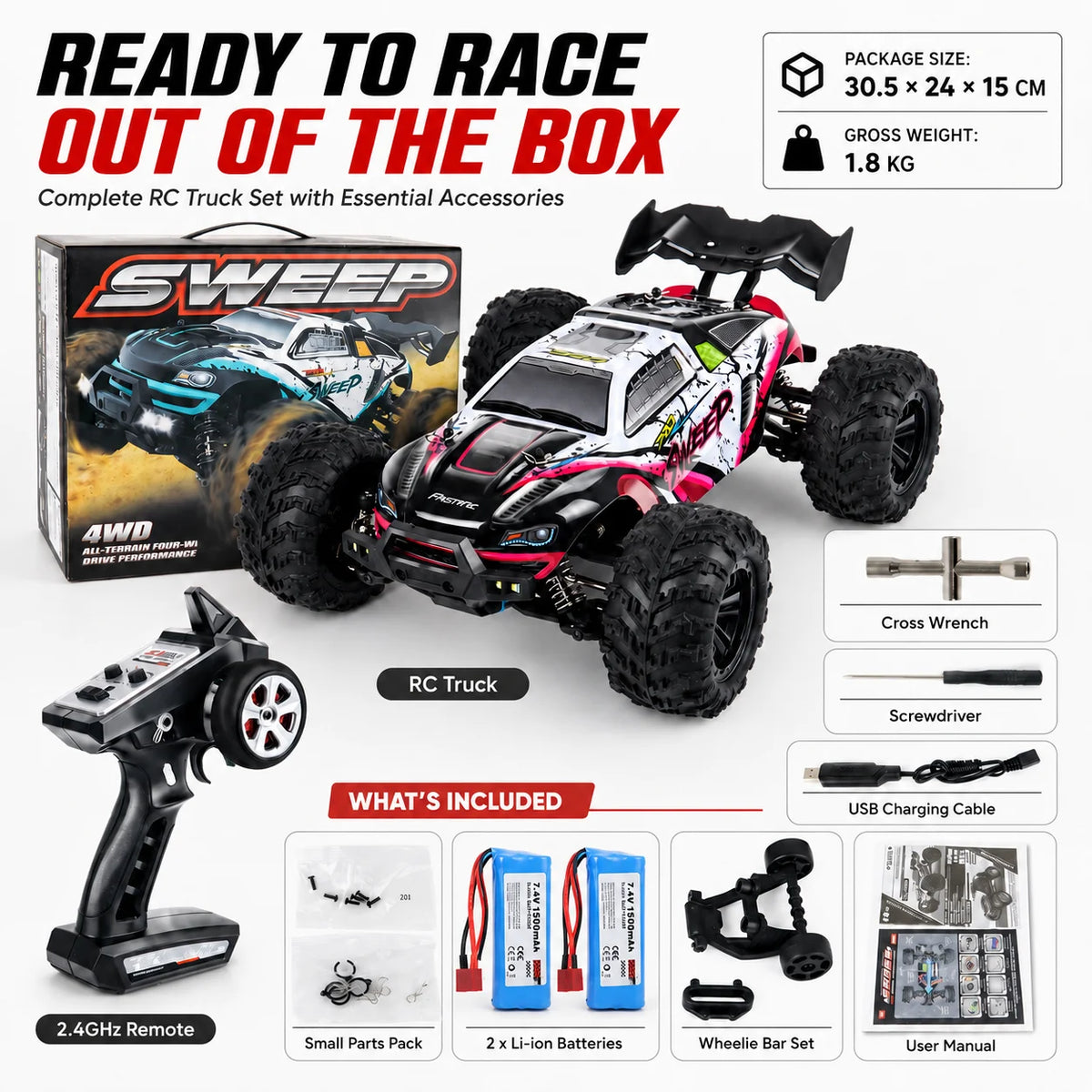 80km/h High Speed 4WD Off-Road RC Car, 1500mAh Battery 25 Min Runtime, All-Terrain Tires, 2.4GHz Remote Control Truck, Waterproof RTR Hobby Grade, for Adults Teens Camping Beach Outdoor Play