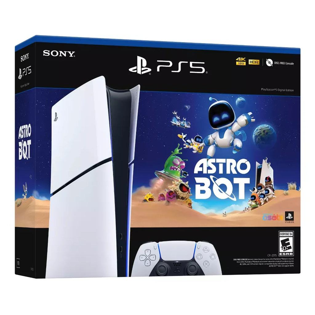 Consola PlayStation 5 Slim Digital blanca (vista frontal) y caja del pack ASTRO BOT