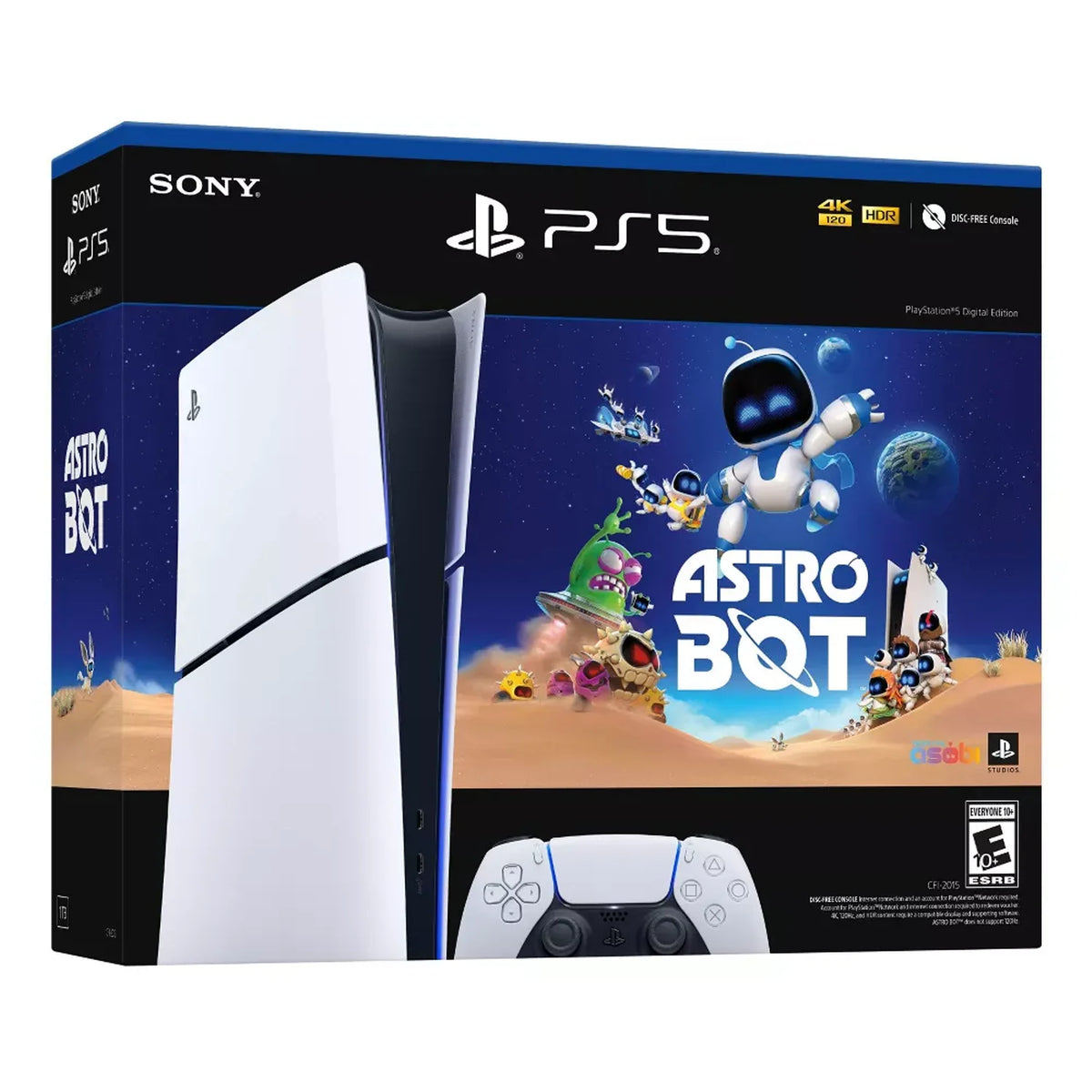 Consola PlayStation 5 Slim Digital blanca (vista frontal) y caja del pack ASTRO BOT