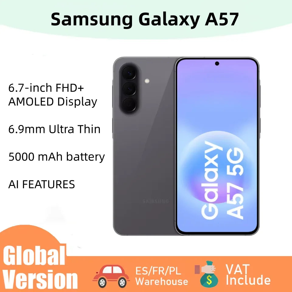 Smartphone Samsung Galaxy A57 5G con IA, pantalla Super AMOLED de 6,7" a 120 Hz, batería de 5000 mAh, carga rápida de 25 W, procesador Exynos 1680, cámara gran angular de 50 MP, IP68 y NFC.