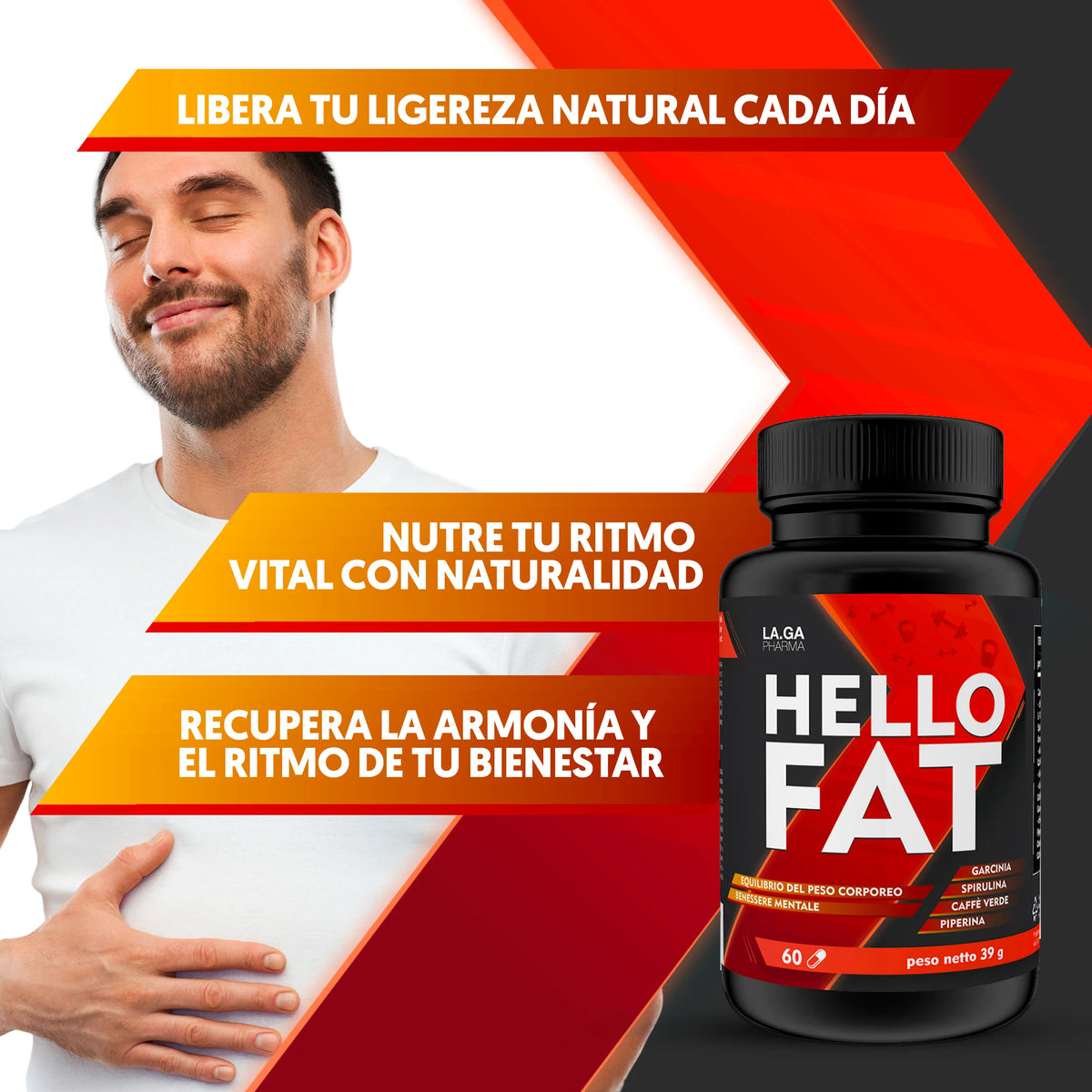 HelloFat© Suplemento con Espirulina, L-Tirosina, Naranjo Amargo, Piperina, Cromo. Natural Complex para Hombre y Mujer, Fórmula Completa, 60 Cápsulas Fabricado en Italia, 2 Meses.