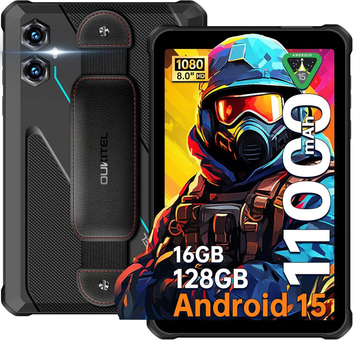 Tableta Robusta OUKITEL RT3 Plus con Android 15, 16GB+128GB Expandible a 1TB, Resistente al Agua, Pantalla HD de 8 Pulgadas, Batería de 1100mAh