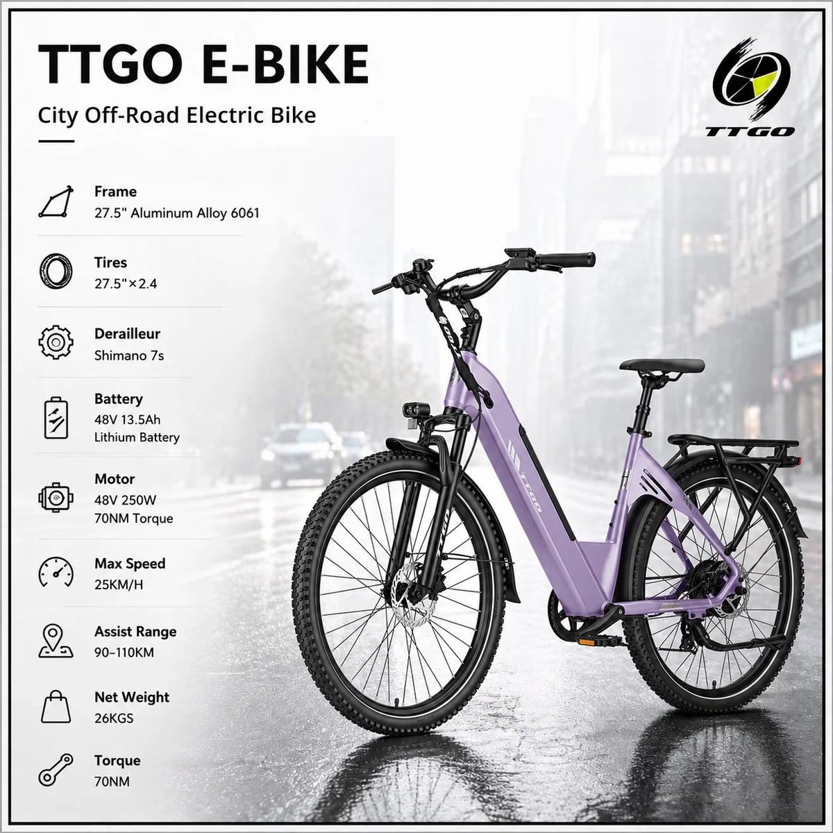 TTGO C5 250W Electric City Bike for Adults, 48V 13.5Ah Removable Battery, 62Nm Brushless Motor, Low-Step Aluminium Frame, Hydraulic Disc Brakes,  7-Speed, Front Suspension E-Bike for Men and Women